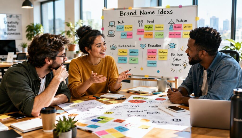 Designer desk with sketches and materials for developing brand names.