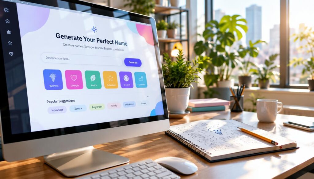 Desk with a laptop and materials for developing product titles.