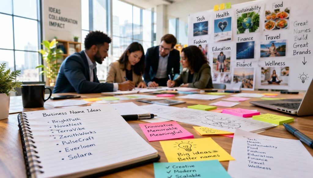 Business team discussing possible company names at a brainstorming table.