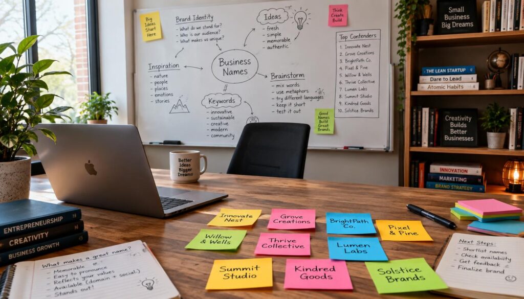 Notebook and sticky notes with potential names for a new business.