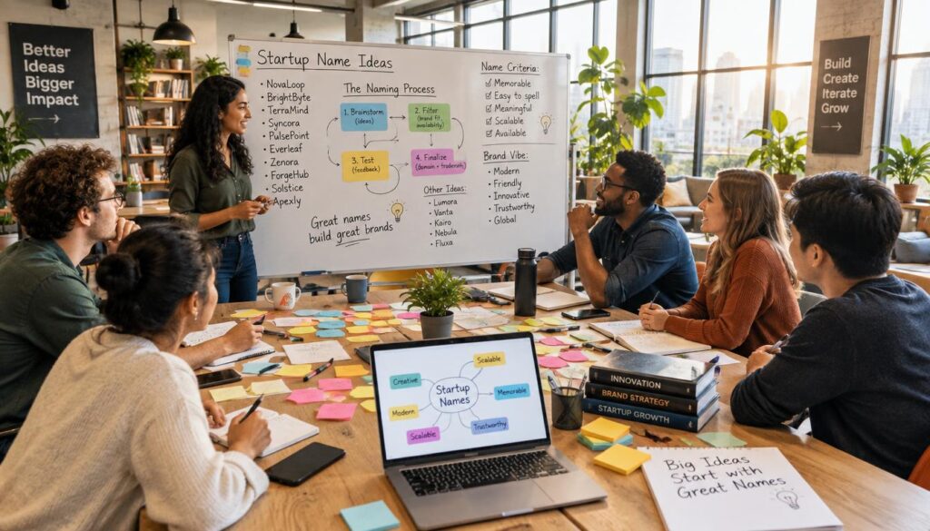 A creative workspace setting focused on brainstorming naming strategies for startups. In the foreground, a group of diverse professionals in smart casual attire collaborates around a large table filled with colorful sticky notes, brainstorming tools, and a laptop open with a mind mapping application. In the middle, a whiteboard is visible, filled with various name ideas and a flowchart illustrating the naming process. The background features large windows allowing warm, natural light to fill the room, plants adding a refreshing touch. The atmosphere is vibrant and dynamic, showcasing a mix of creativity and strategic thinking. Use a wide-angle lens to capture the collaborative energy in the space, emphasizing teamwork and innovation in the startup environment. Creative team developing naming strategies for a new business.