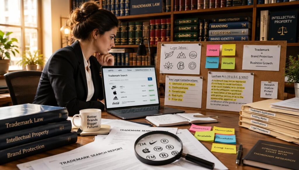 A focused business professional in smart attire, seated at a modern desk cluttered with trademark documents and a laptop displaying trademark databases. The foreground features a magnifying glass examining a document with various trademark symbols. In the middle, a corkboard showcases sketches of potential brand logos, colorful post-it notes with keywords, and highlighted legal texts. The background includes a large bookshelf filled with law books and branding guides, illuminated by soft, warm lighting from a nearby window. The atmosphere is one of concentration and determination, representing the meticulous process of researching existing trademarks. The image conveys a sense of professionalism and care, highlighting the importance of thorough research in branding. Professional researching trademark name availability on a laptop.