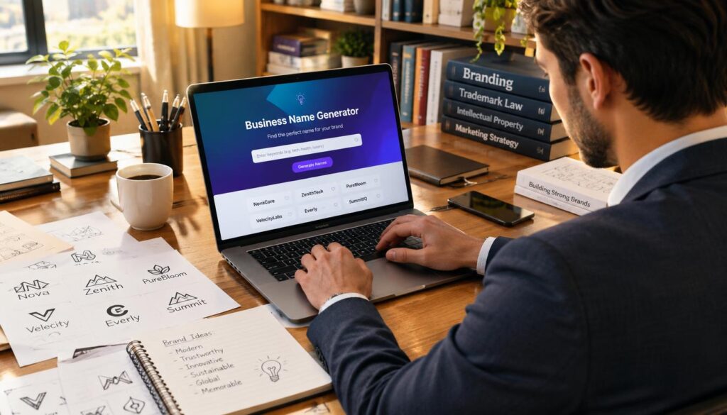Laptop showing a brand naming interface beside a notebook.