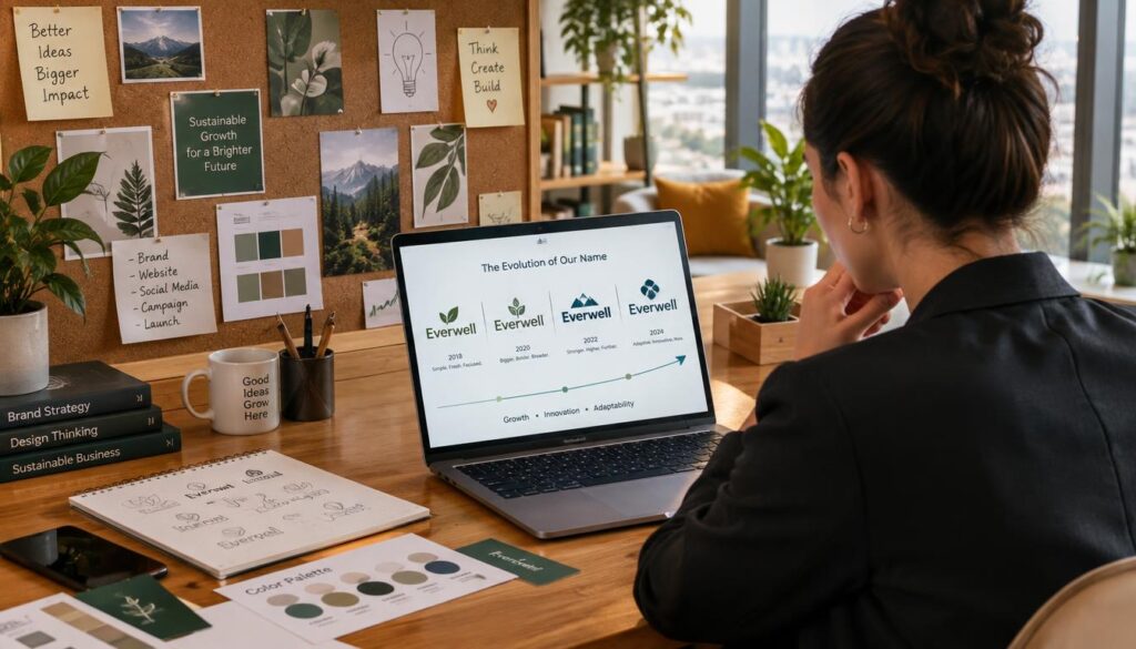 A modern office workspace featuring a sleek, minimalist desk adorned with branding materials, such as logo design sketches and color palettes. In the foreground, a professional individual in smart business attire is examining a well-structured business name visual on a laptop screen, showcasing an evolution of a name with visual elements reflecting growth and adaptability. The middle ground displays a stylish corkboard covered in brainstorming notes and inspirational graphics. In the background, large windows let in soft, natural light, creating an uplifting atmosphere. The room has warm tones with a touch of greenery from potted plants, enhancing a sense of creativity and professionalism. The angle is slightly above eye level, providing a comprehensive view of the workspace's organized yet imaginative layout. Desk with branding sketches and materials for naming a creative business.