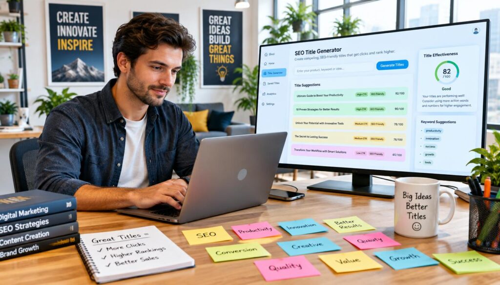 Laptop displaying a product title creation interface.