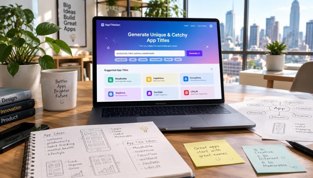 Laptop displaying app title ideas beside a mobile app design workspace.