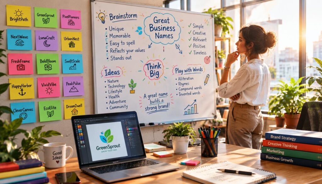 Sticky notes and laptop used to compare creative business name ideas.