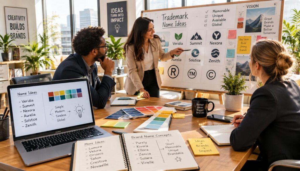 A visually striking workspace showcasing the creative process of developing trademark name ideas. In the foreground, a stylish desk with a laptop displaying brainstorming notes and color swatches, surrounded by notepads filled with innovative name concepts. In the middle, a diverse group of three professionals, dressed in smart business attire, engaged in animated discussion, one pointing at a vision board adorned with logos and trademark icons. The background features large windows letting in natural light, illuminating a modern office filled with plants and motivational posters. The overall atmosphere is dynamic and inspiring, with warm, bright tones to convey creativity and collaboration. The perspective is focused and slightly above eye level, emphasizing the interaction and the creative elements on the desk. Brand naming workspace with laptop and trademark research notes.