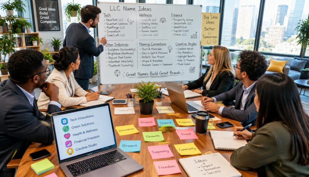 Conference table with materials for brainstorming LLC company names.