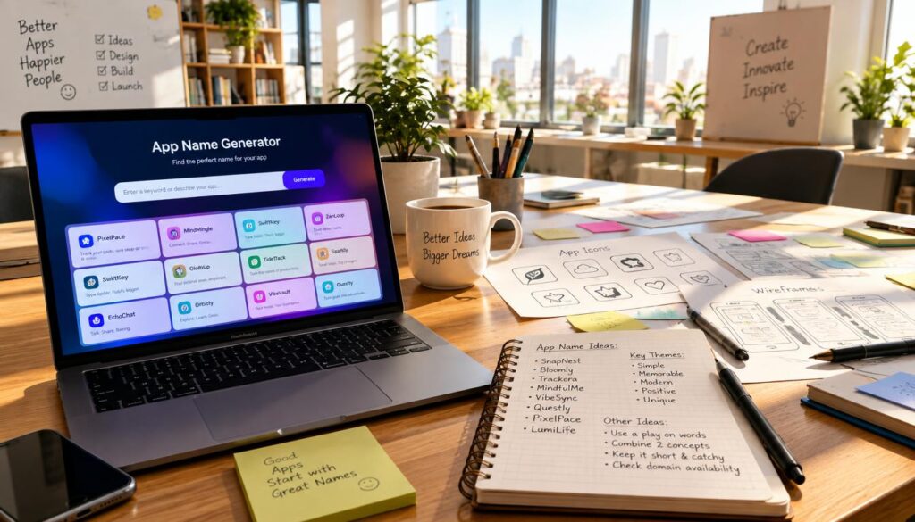 Laptop and notebook displaying app naming ideas on a creative workspace desk.