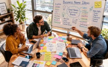 Business naming workspace with notes and ideas for choosing a company name.