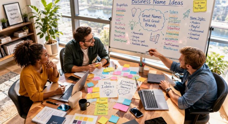 Business naming workspace with notes and ideas for choosing a company name.