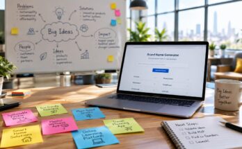 Brand naming workspace with a laptop and creative brainstorming materials.