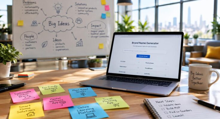 Brand naming workspace with a laptop and creative brainstorming materials.