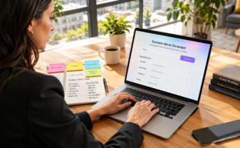 Laptop and brainstorming materials used to develop product and business names.