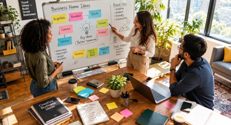 Creative studio workspace with brand identity and business naming materials.